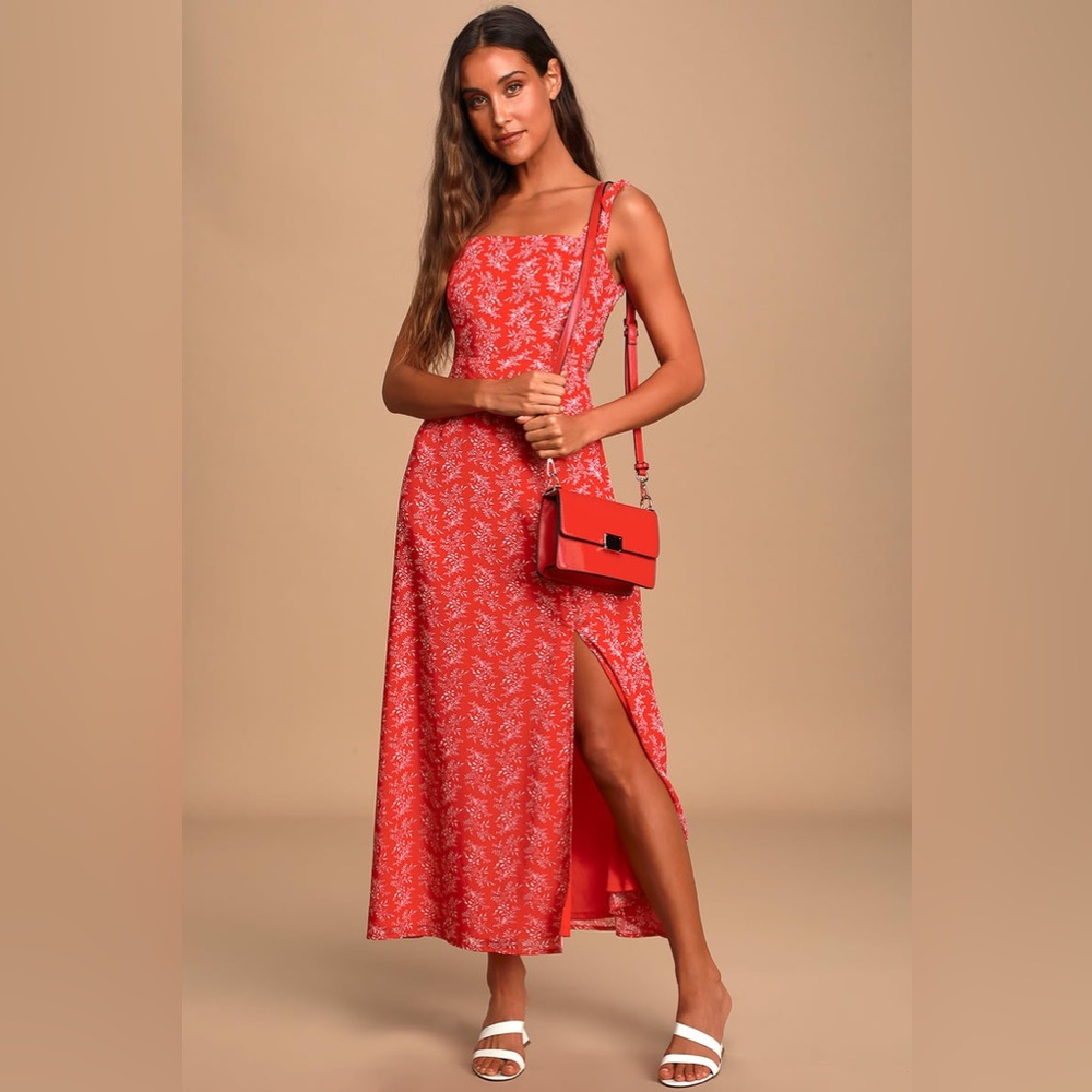Back to Backless Red Print Lace-Up Backless Midi Dress Size Large